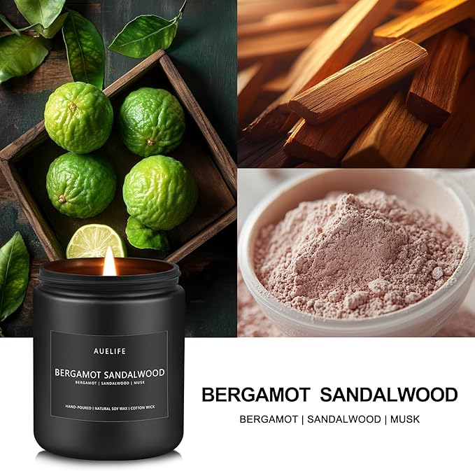 Bergamot Sandalwood Candle for Men | Masculine Scented Soy Candles for Fathers Day - Home Fragrance, Aromatherapy Gifts for Dad - 7oz Black Jar, Long-Lasting Luxury Decor