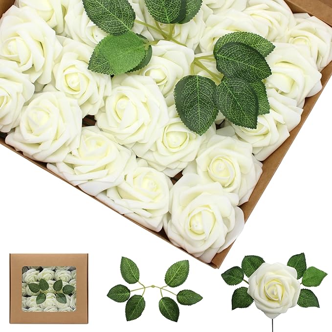 Artificial Flowers Milk White Roses 50PCS Real Looking Foam Fake Roses with Leaves and for DIY Wedding Bouquets Bridal Shower Centerpieces Party Decorations (Ivory)