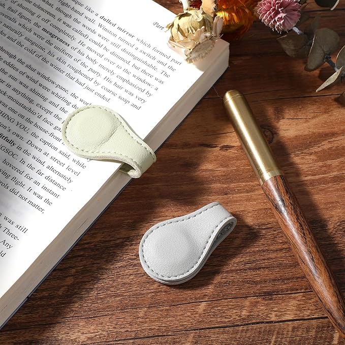 2 Pcs Leather Magnet Bookmark Retro Book Page Holder Vintage Page Marker Clip Handmade Cute Reading Accessories for Women Bookworm Book Lovers Reader Gift (Light Yellow + Light Gray)