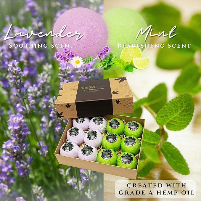 Hemp Bath Bombs by Schone Body, 2 Relaxing Scents of Refreshing Mint and Hemp Oil and Soothing Lavender and Hemp Oil. Made with Pure Essential Oil Vegan Set (Large 12 Pack, Bath Bombs), Green