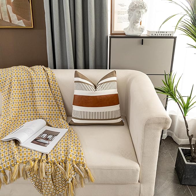 Farmhouse Throw Pillow Covers for Couch Sofa Decorative Faux Leather Square Cushion Cover Tribal Stripe Accent Pillow Case 18 x 18 Inch,Dark Coffee