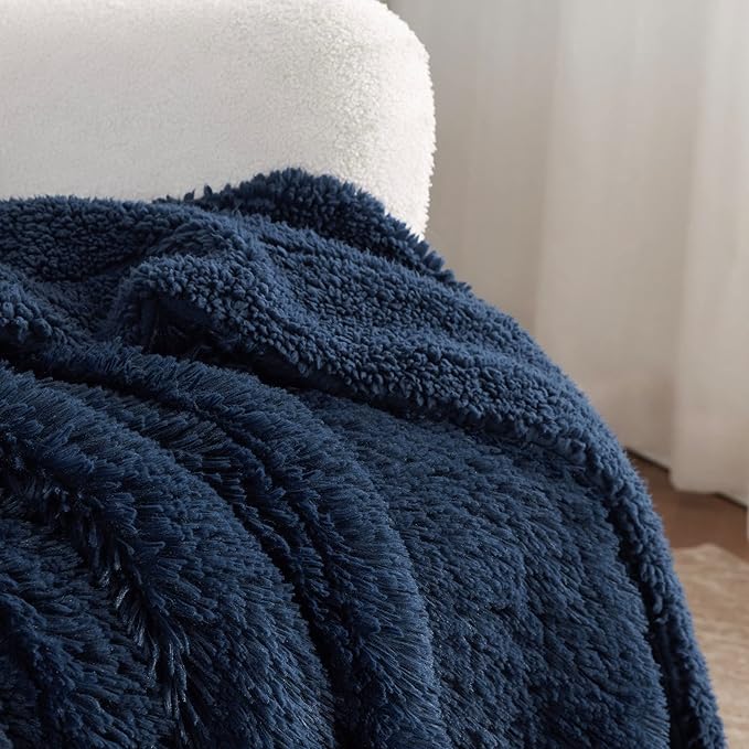 Bedsure Fluffy Navy Blue Throw Blanket Gifts for Women, Men, Soft Fleece Cozy Fuzzy Sherpa Plush Warm Minky Thick Faux Fur Throws for Couch, Navy Blue Decor House Blanket Gifts for Her, 50x60