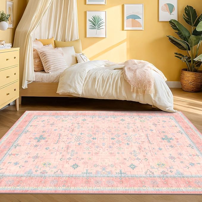 Washable Pink and Blue 6x9 Oushak Rugs for Bedroom Girls, Living Room Kids Playroom Nursery Room, Modern Floral Distressed Design, Soft Faux Wool Low Pile Non Slip Stain Resistance Carpet