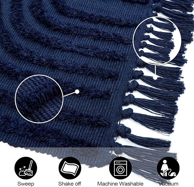 LEEVAN Washable Kitchen Runner 2'X5', Hand-Woven Bathroom Rug With Tassels, Dark Blue Entryway, Tufted Rainbow Bedroom, Farmhouse Hallway for Laundry/Living Room