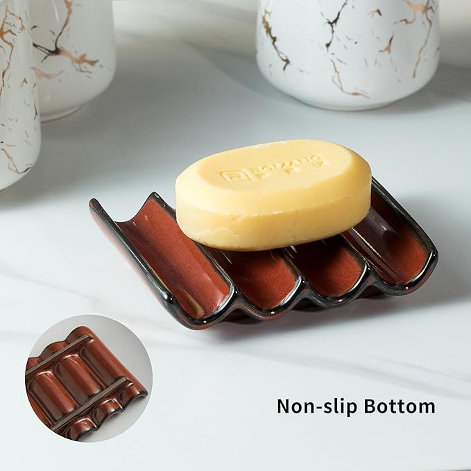 Bathroom Soap Dish for Shower, Bar Soap Holder with Self Drain, Ceramic Soap Saver Tray for Bathroom Sink, Kitchen Counter, Drain Fluted Design to Lift Soap Keep Dry, Red
