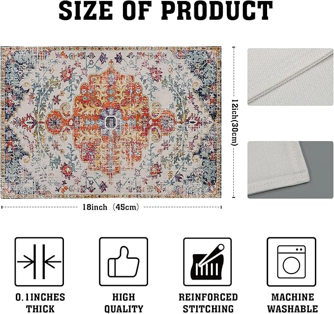 Boho Carpet Placemats Set of 4 Vintage Orange Blue Ethnic Bohemian Floral Carpet Linen Washable Kitchen Dining Table Mats Stain Heat-Resistant Desktop Decor Place Mats for Home Party Indoor 12x18 in