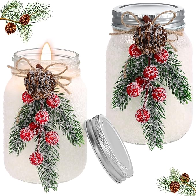 2 Sets Christmas Candles 18 oz Christmas Scented Candles Soy Mason Jar Candles Gifts for Women Farmhouse Xmas Decoration for Home Room Indoor Tables Forest Fragrance