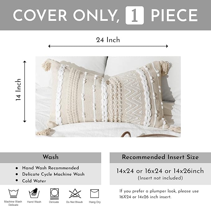 Decorative Lumbar Pillow Cover 14x24, Cream White Boho Accent Throw Pillow Case for Couch Sofa Bed, Modern Farmhouse Textured Lumbar Cushion Bedroom Living Room, Cover ONLY