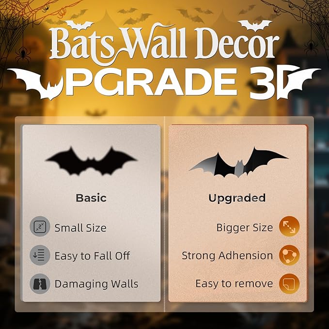 140Pcs Bats Wall Decor - 3D Bats Halloween Decorations, Halloween Party Supplies Stickers, Bat Wall Decal for Bathroom, Home, Door, Window, Bedroom, Office, School