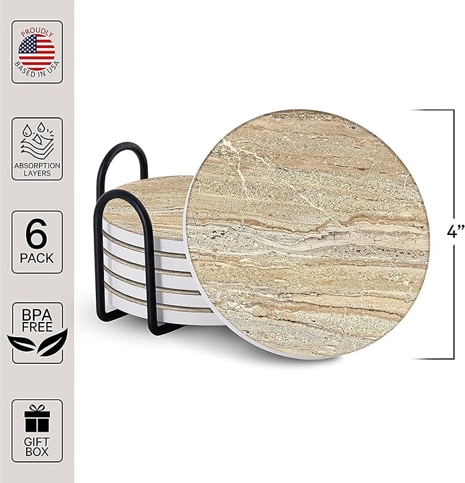 Emerson Coasters for Drinks Absorbent – Natural Stone Drink Coasters Set with Holder, Coasters for Coffee Table, Wooden Tabletop Protection Marble Style – 100% Heavy Duty Set of 6 (Sandstone)