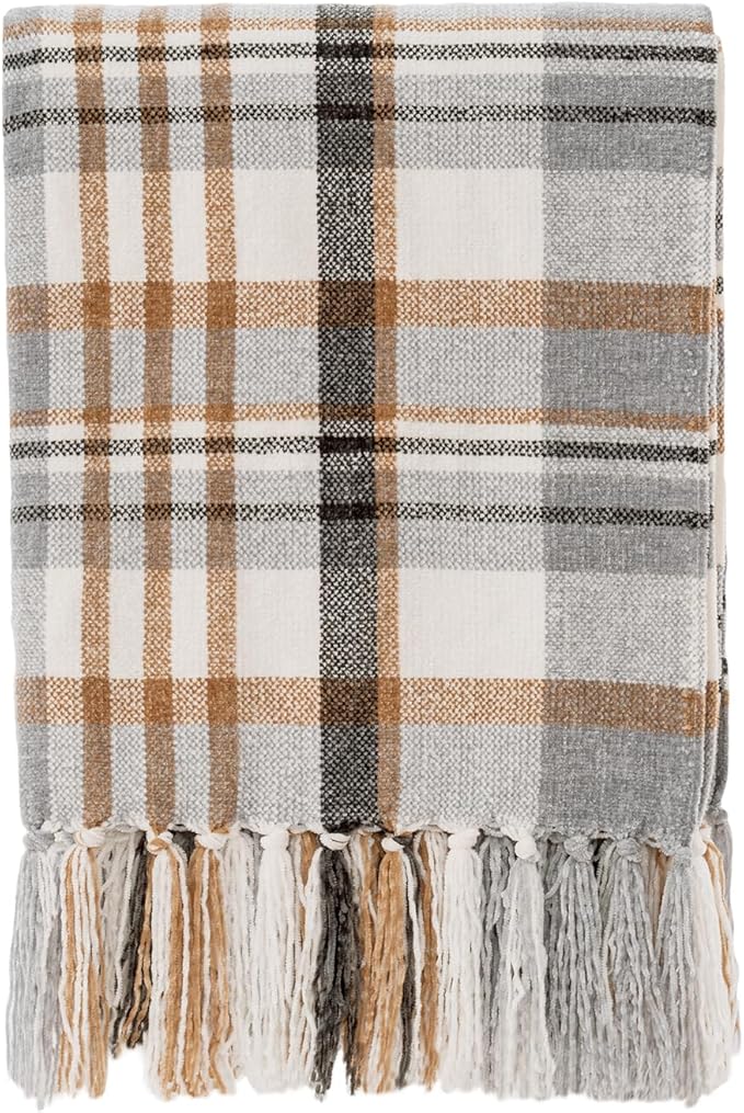 EVERGRACE Plaid Chenille Throw Blanket for Couch, Super Soft Cozy Decorative Farmhouse Plaid Throw with Tassels, Lightweight Chenille Knit Throw for Bed Sofa Gift Home Decor, Grey & Beige 50"x60"
