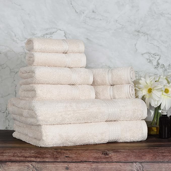 Superior Egyptian Cotton 8-Piece Towel Set, Assorted Towels for Home Bathroom, Guest Bath Decor Essentials, Includes 2 Bath, 4 Hand, 2 Face Towels/Washcloths, Quick Dry, Absorbent, Ivory