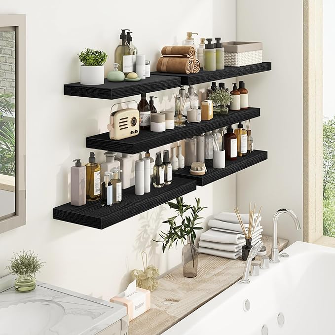 36Inch Floating Shelves, 9.3Inch Deep Rustic Wall Shelves - Extra Deeper & Thicker Wall Mounted Storage Shelf for Kitchen, Farmhouse - Set of 2 - Rustic Black