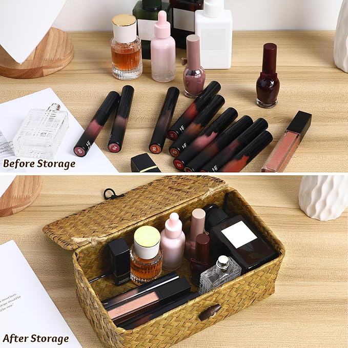 Seaweed Baskets with Lids: Seagrass Storage Woven Basket Straw Desktop Rattan 9 inch Hand- Woven Storage Basket Bins Container Organizer for Shelf Desktop Home Decor