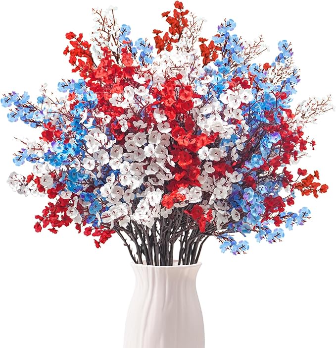 Uieke 15 Pcs 4th of July Artificial Flowers Fake Patriotic Babys Breath Flowers for Independence Day Decor Blue White Red Silk Flowers for Memorial Day Floral Arrangement Home Wedding