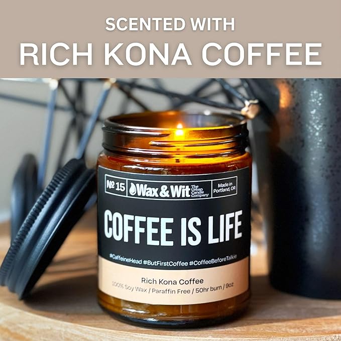 Wax & Wit Funny Soy Coffee Candle Gift for Women - Humorous, Aromatherapy Soy Wax Candle, Ideal for Housewarming, Coworker, Birthday – Rich Kona Coffee - 9oz
