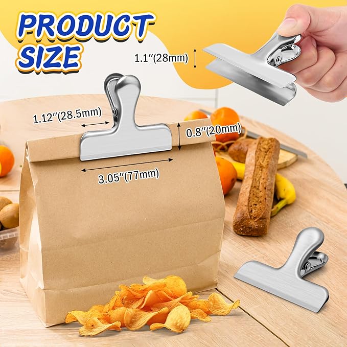 VNDUEEY 24 Pack Stainless Steel Chip Clips, Bag Clips for Food, Heavy Duty Snack Clip Clips to Seal Coffee Bags, Ideal for Office Kitchen Use, Binder Clips Large - 3 Inches, Silver
