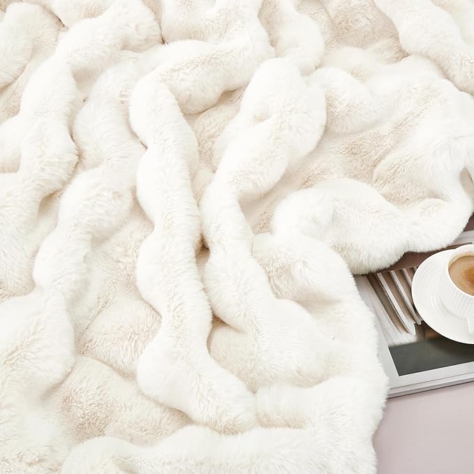 JONIYEAR Soft Fuzzy Bubble Faux Rabbit Fur Throw Blanket for Couch 50" x 60", Double Sided Textured Warm Fluffy Blanket for Winter, Luxury Cozy Puffy Shaggy Comfy Furry Blankets for Chair, Cream White