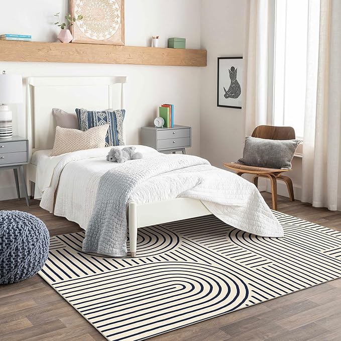 Washable Area Rug 5x7 - Boho Living Room Stain Resistant Soft Bedroom Ultra-Thin Indigo Modern Abstract Rainbow Indoor Carpet for Dining Room Nursery