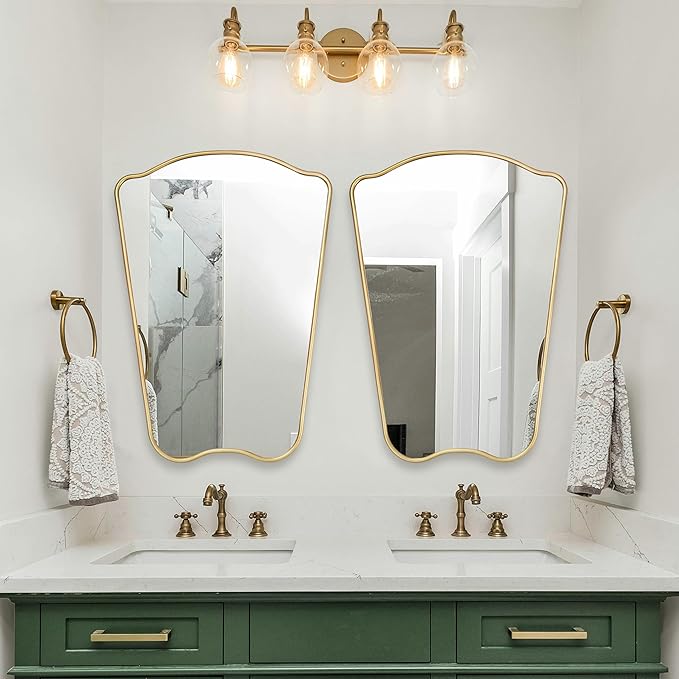 PERFNIQUE Gold Bathroom Mirror Irregular Wall Mirror, 32'' x 23'' Wood Framed Mirror, Decorative Vintage Mirror, Modern Vanity Mirror for Over Sink Bathroom Living Room Entryway, Modern Wall Decor