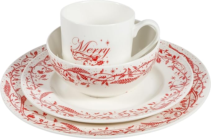Martha Stewart Christmas Holiday Plates 16-Piece Porcelain Chip and Scratch Resistant Dinnerware Set
