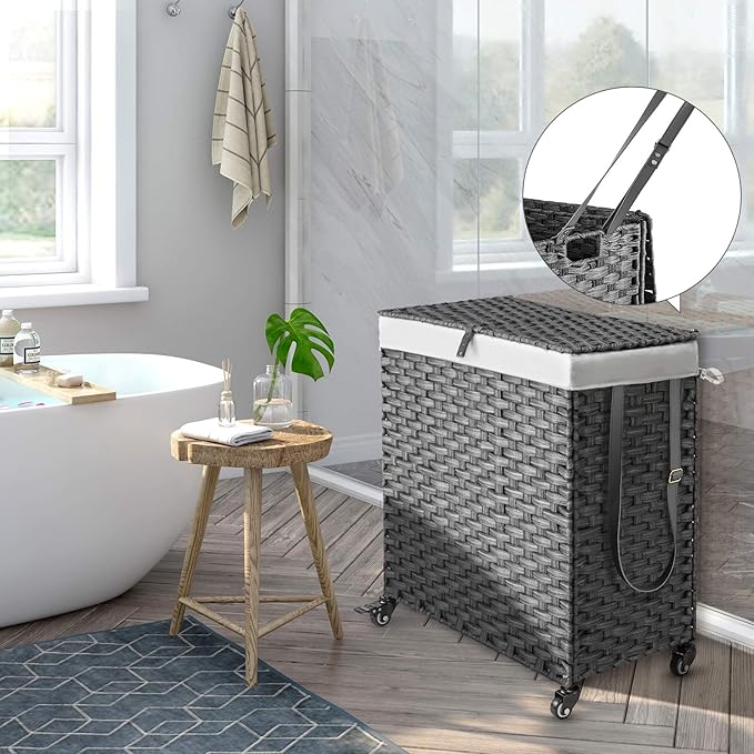 Greenstell Laundry Hamper with Wheels, No Install Needed, 110L Divided Handwoven Hampers & 2 Removable Liner Bags, Rattan Clothes Laundry Basket with Lid & Handles, Foldable Hampers Gray 22x13x26.4 In