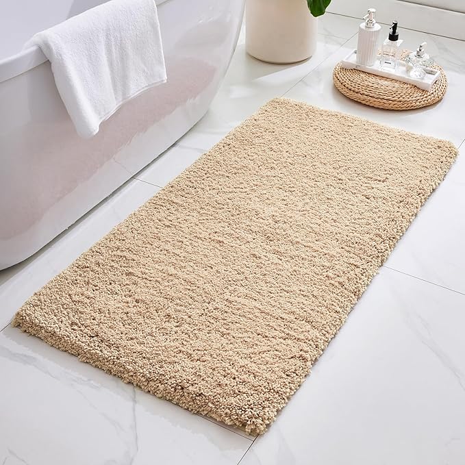 ILANGO Beige Bathroom Rugs 60" × 24" Non Slip & Super Absorbent Extra Thick Soft, Washable Bath Carpet Runner for Floor, Microfiber Plush Shaggy Bath Mats with Rubber for Bedroom Bathtub Shower Room