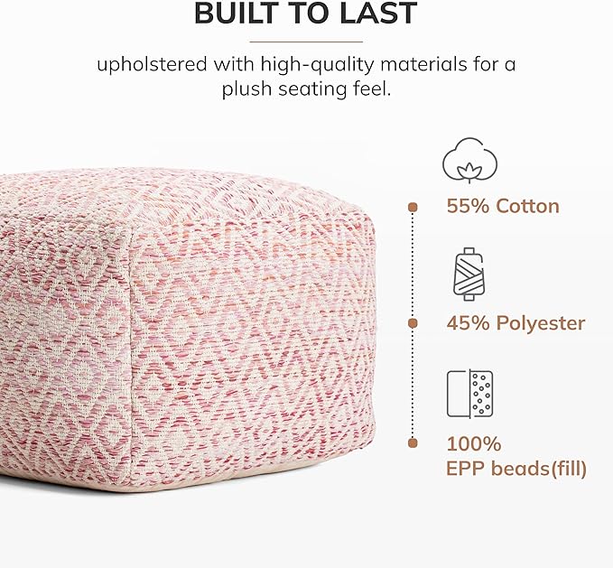 Anji Mountain 100% Handmade & Handcrafted Comfortable Home Décor Pouf Ottoman Footrest for Living Room, Bedroom, Nursery, Kidsroom, Patio Furniture - (22" x 22" x 16"- Pink,Beige)