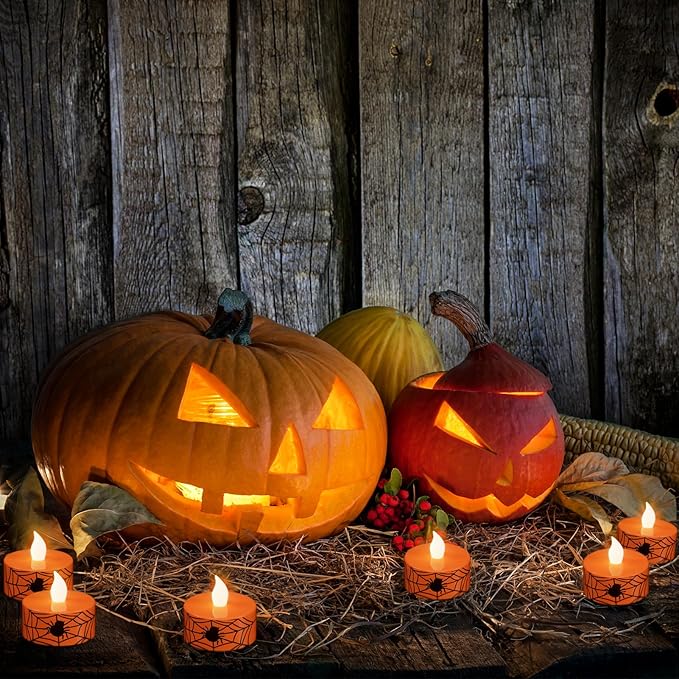 DRomance Halloween Flameless Votive Candles Battery Operated with 6H Timer, 12 Pack Spider Cobweb Decal LED Flickering Pumpkin Tea Lights Candles Fall Indoor Decoration(1.5" D x 1.4" H)