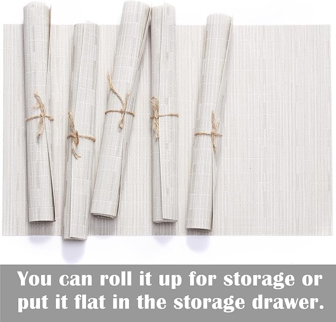 Zupro Placemats Set of 4 Washable Heat-Resistant Non Slip Braided Table Mats Woven PVC Vinyl Kitchen Dining Patio Table Place Mats for Dinner Parties BBQs Indoor and Ourdoor Use.18"x12"(Bamboo-Beige)