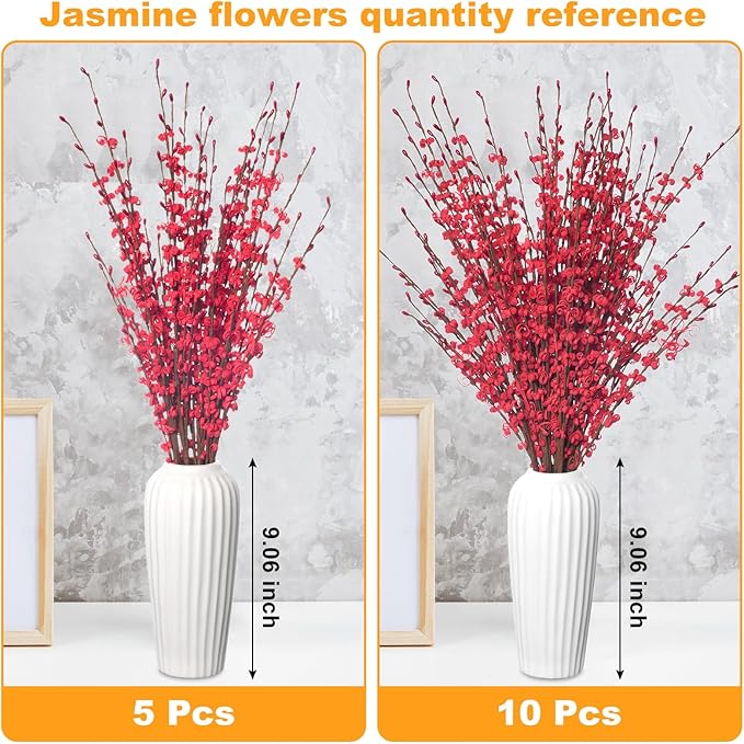 5 Pcs Jasmine Flowers Artificial Red Flowers 29.5" Long Stems Patriotic Picks with Mini Red Berry for DIY Floral Art Plant Wedding Home Office Table Decorations