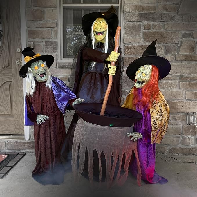 Haunted Hill Farm Motion-Activated Wicked Sitchwick Sisters, Plug-in Talking Scare Halloween Animatronics for Indoor or Covered Outdoor Display, Creepy and Modern Fright Props for Home