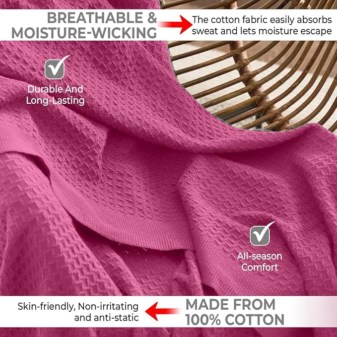 100% Cotton Blankets Throw Size for Bed - Waffle Weave Blankets for Summer, Lightweight and Breathable Soft Woven Blanket for Spring, (Pink, Throw (50" x 60"))