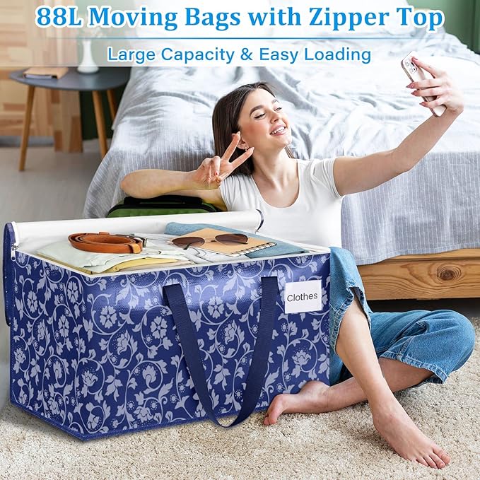 HomeHacks Moving Bags, Extra Large Size Moving Boxes, Heavy Duty Luggage Bags with Smooth Zipper and Sturdy Handles, Large Capacity & Easy Loading Storage Totes for Space Saver 88L, 4-Pack, Blue