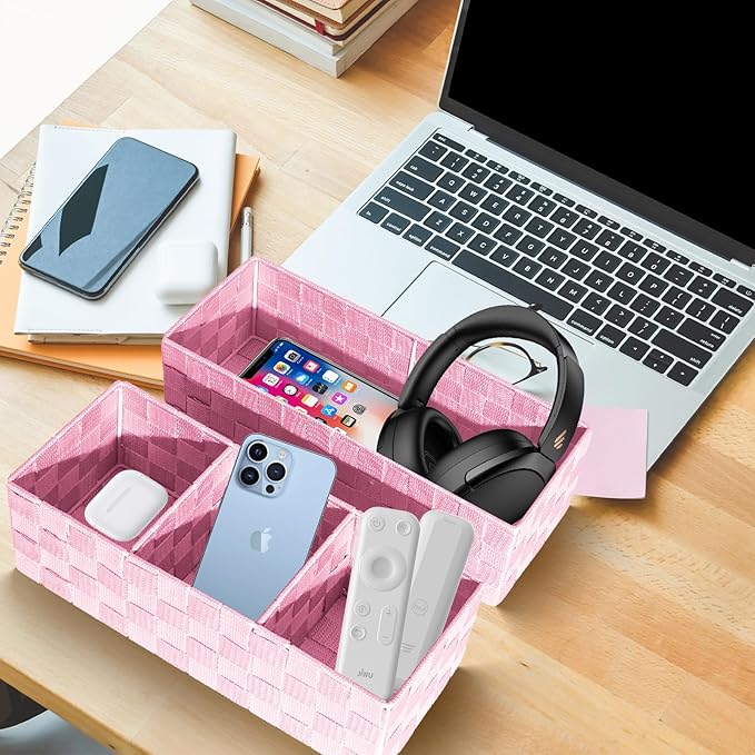 Drawer Organizer, Cube Baskets for Storage Shelves, Handmade Small Woven Basket, Shallow Storage Bins for Organizing Desk, Dresser, Kitchen, Pantry, Nested 7 Pack, Pink