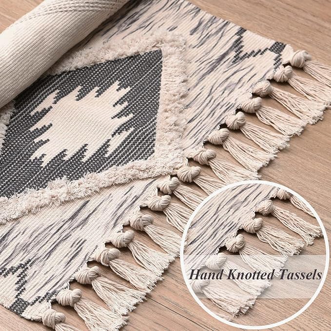 Boho Bathroom Rugs 2x3ft Farmhouse Bath Runner Rug, Small Tufted Cotton Accent Floor Mat with Tassels, Grey