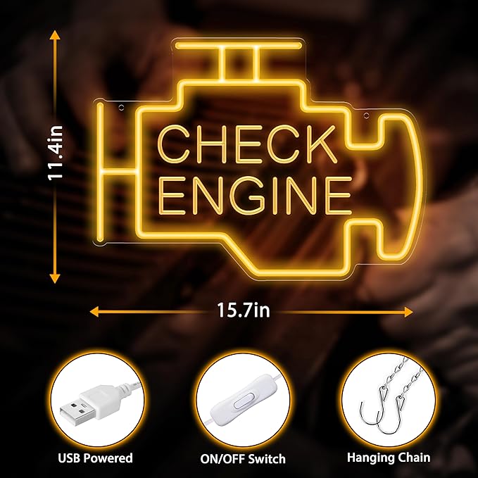 Kavaas Check Engine Neon Sign, LED Garage Sign for Car Room Decor | Check Engine Light Neon Sign for Garage Decor, Auto Repair Workshop, Man Cave - Best Gifts for Dad, Car Enthusiast (Golden Yellow)
