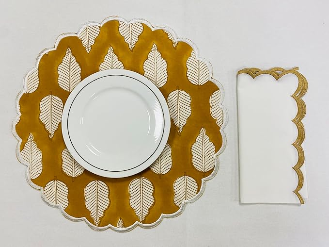 Ridhi Yellow Leaves Bo-ho Round Place Mat Double Layer Floral Cotton Washable Placemats 15" Round Embroidery Block Print Table Mat Pack of 4-15 Inch Round