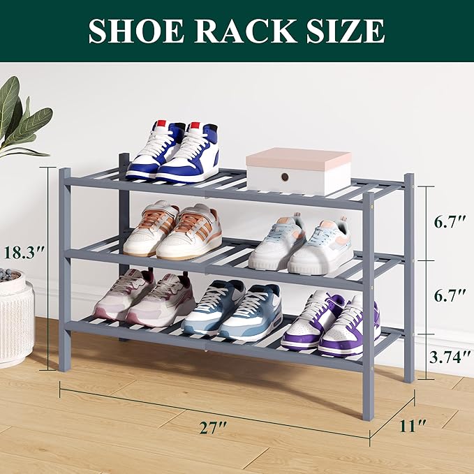 Smiry Bamboo Shoe Rack for Closet, 3 Tier Wooden Stackable Shoe Organizer, Free Standing Shoes Storage Shelf for Entryway, Front Door Entrance, Grey