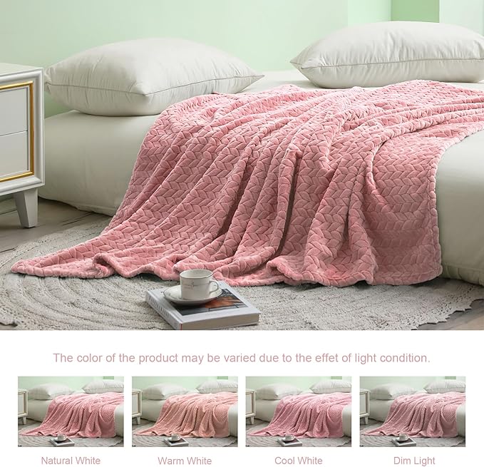 Exclusivo Mezcla Pink Fleece Queen Size Blanket for Bed, 90x90 Inches Soft Cozy Jacquard Flannel Blankets, Lightweight Fuzzy Plush Warm for All Seasons