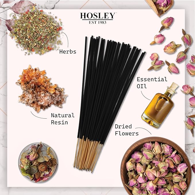 Hosley Aromatherapy 480 Pack Incense Sticks Lavender Eucalyptus Mint Sandalwood Sweet Pea Jasmine Tropical Mist Apple Cinnamon Fresh Bamboo Dragon's Blood Myrrh Lavender Lilac Hills, and Frankincense