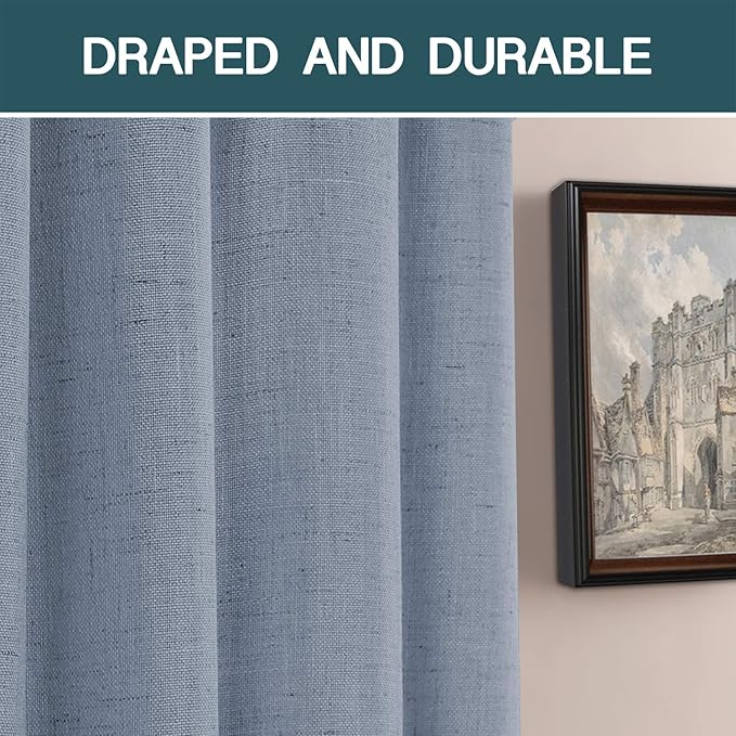 FantasDecor Stone Blue Linen Sheer Curtains 84 Inches Long for Living Room Country Rustic Farmhouse Light Filtering Rod Pocket Window Curtain Treatment Drapes for Bedroom, 52 W x 84 L,Stone Blue