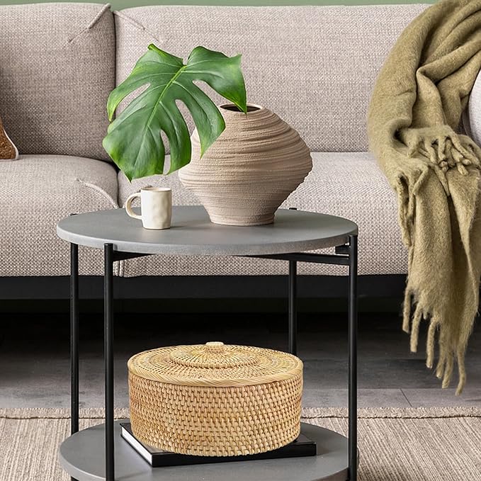 Hipiwe Round Rattan Boxes with Lid Woven Wicker Storage Basket Bin Decorative Shelf Baskets Multi-Purpose Household Organizer Lidded Basket for Storage Rattan Box, 11.9 x6 inch