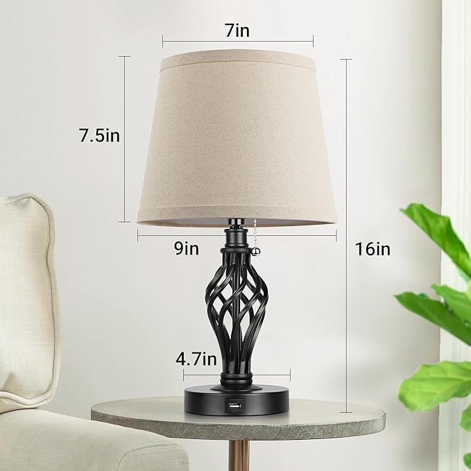 PARTPHONER Table Lamps Set of 2, Farmhouse Bedside Lamps with USB Ports, Nightstand Lamp Cream Drum Shade Spiral Cage Base Desk Lamps for Living Room Bedroom Study Room without Bulb