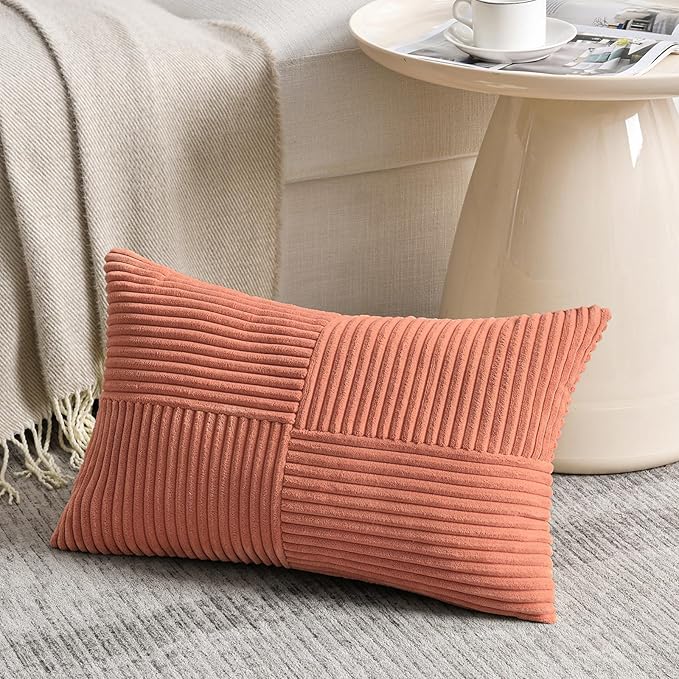Fancy Homi 2 Packs Coral Lumbar Decorative Throw Pillow Covers 14x24 Inch for Living Room Couch, Rustic Farmhouse Boho Home Decor, Soft Striped Corduroy Rectangle Accent Peach Cushion Case 35x60 cm