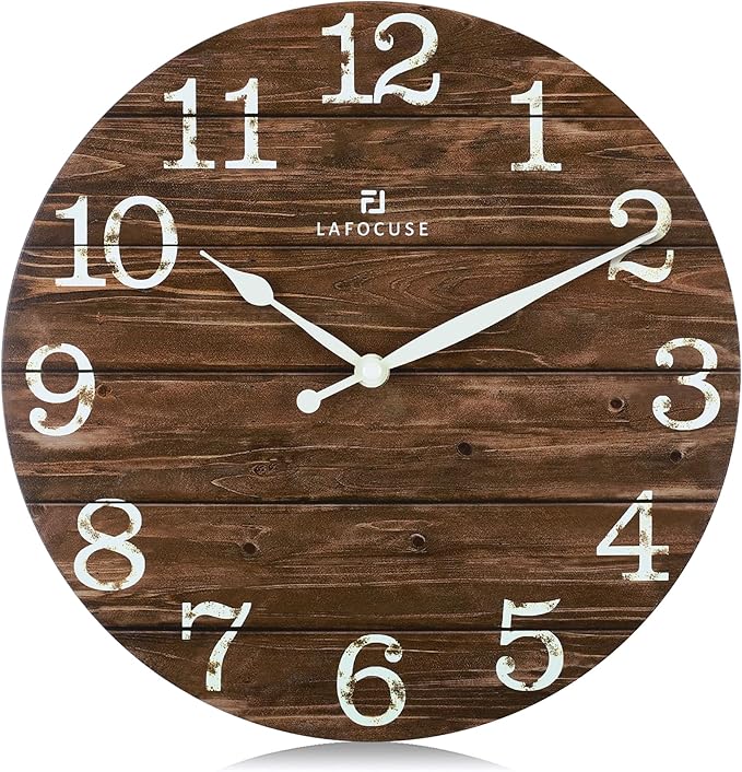 Lafocuse 12 Inch Silent Brown Wall Clocks for Kitchen Living Room Decor, Wooden Rustic Wall Clock Battery Operated, Decorative Farmhouse Clock
