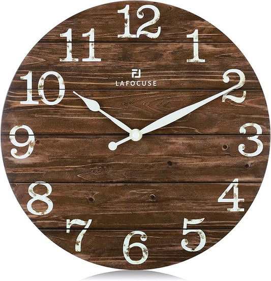 Lafocuse 12 Inch Silent Brown Wall Clocks for Kitchen Living Room Decor, Wooden Rustic Wall Clock Battery Operated, Decorative Farmhouse Clock