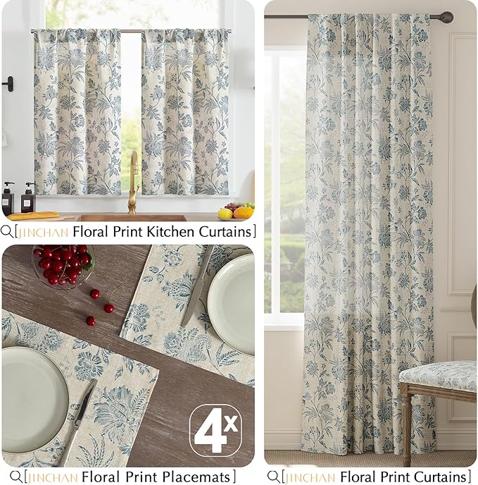 JINCHAN Linen Floral Fall Placemats Set of 4 Cloth Table Mats Rustic Cottagecore Jacobean Outdoor Seasonal for Kitchen Dining Table Decor Non-Slip Washable Tablemats 13x19 Inch Blue