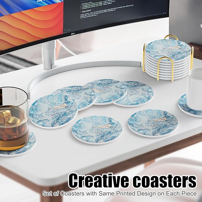 Coasters for Drinks Set of 8, Absorbent Starry Sky Marble with Metal Golden Holder, Ceramic Coaster Set Cup Mat for Home Decor, Bar, Kitchen, Party