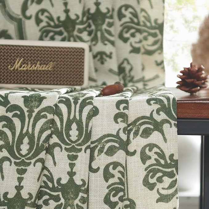 jinchan Linen Curtains for Bedroom & Living Room - Moss Green Damask Patterned Curtains, 84 Inches Long, Light Filtering, Vintage Baroque Style Drapes with Grommet Window Treatments - 2 Panels Set